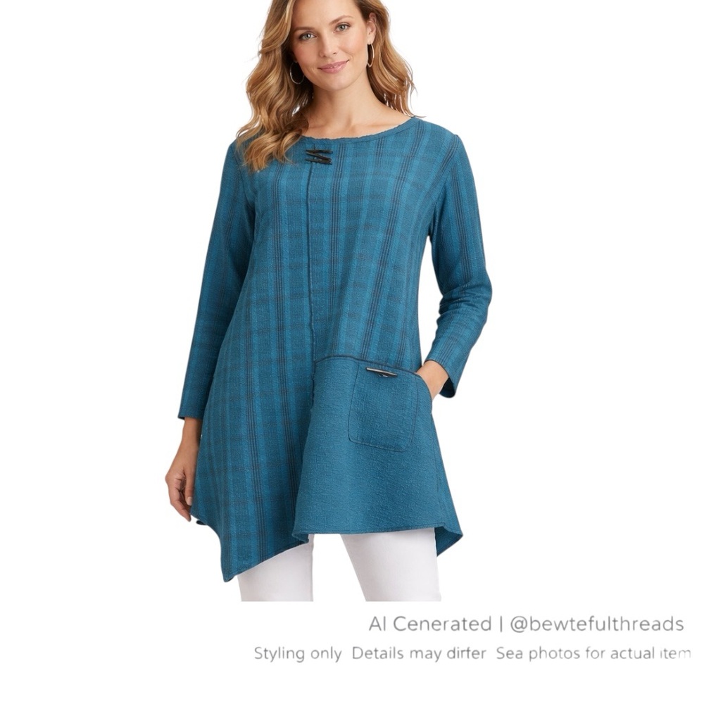 Habitat Teal Plaid Asymmetrical Tunic Top S Artsy Lagenlook